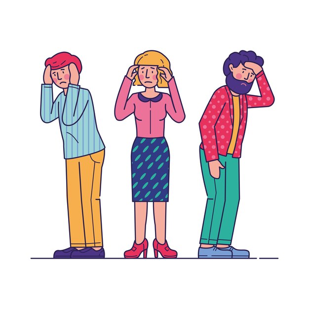 Stressed men and woman feeling headache