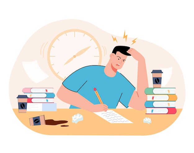 Free Vector stressed millennial guy studying before college exams. distressed student meeting deadline doing assignment preparing for test at home with books. flat illustration