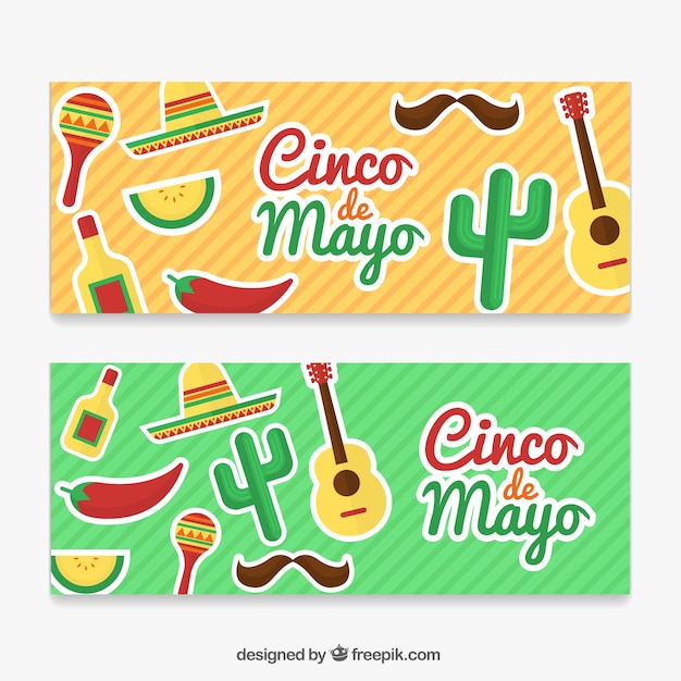 Free Vector striped banners with fantastic mexican objects