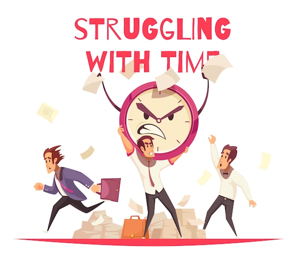 Struggling with time concept with angry cartoon face of alarm clock and people hurrying to work