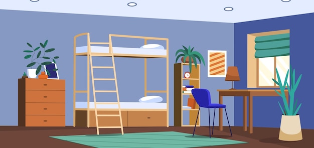 Free Vector student bedroom in dormitory with bunk bed desk and chair