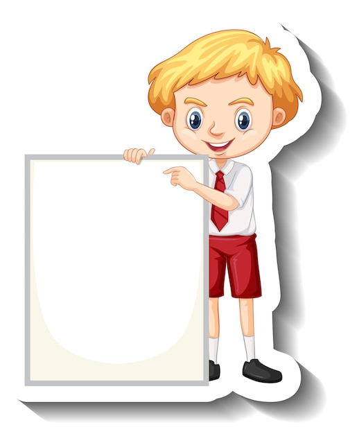 Student boy holding empty board cartoon sticker