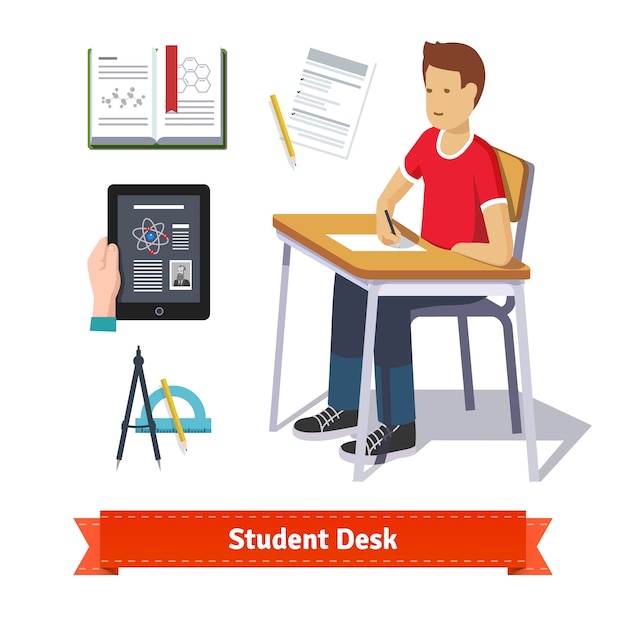 Student desk colourful flat icon set