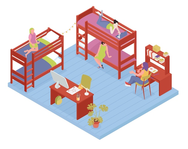 Student dormitory room interior isometric composition with young female characters living and studying together vector illustration