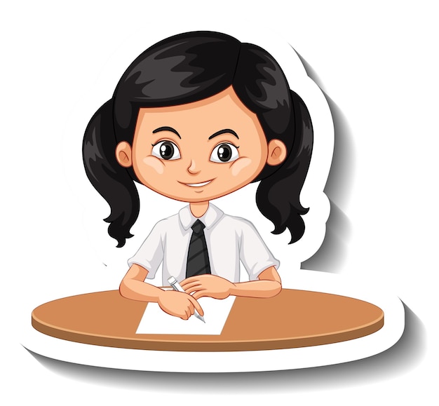 Student girl sit at desk cartoon sticker