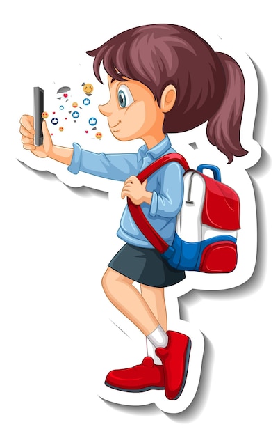 A student girl using smart phone cartoon character sticker