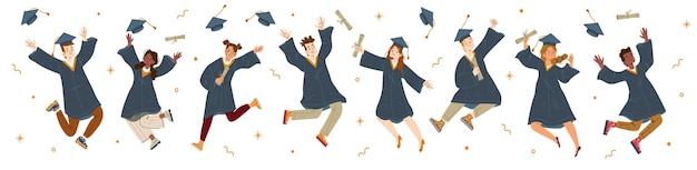 Free Vector student graduate jump characters in gown and cap