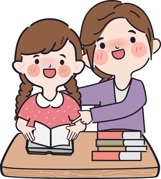 Student study with homeschool teacher Hand drawn cartoon people