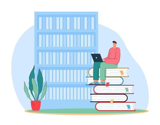 Student with laptop sitting on huge books in library. Male character studying on computer flat vector illustration. Online education, knowledge concept for banner, website design or landing web page