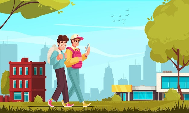 Students cartoon composition with teenagers with backpacks walking by vector illustration