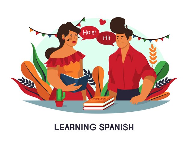 Students talk or learning spanish language, banner