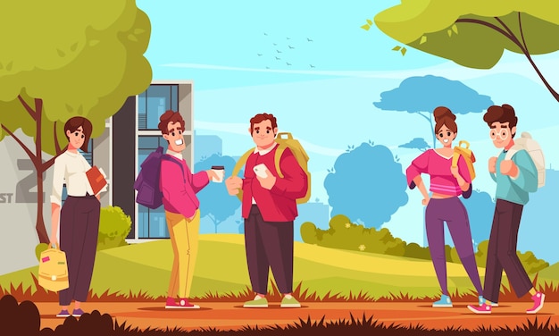 Free Vector students with backpacks cartoon poster in front of college vector illustration