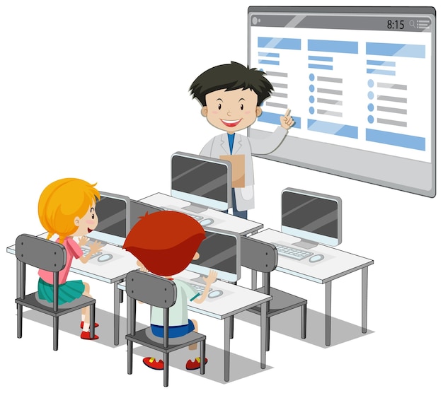 Free Vector students with computer classroom elements on white background