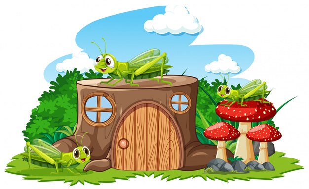 Stump house with grasshoper cartoon style on white background