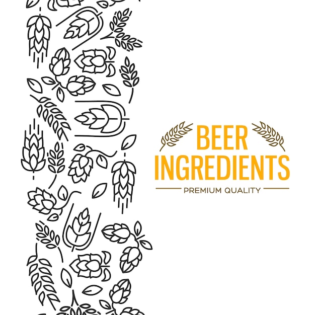 Free Vector stylish design card with images to the left of the yellow text beer ingredients of flowers, twig of hops, blossom, malt