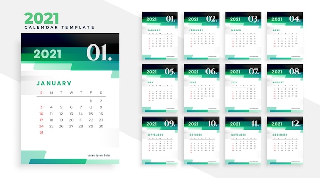 Stylish green modern new year 2021 calendar design template