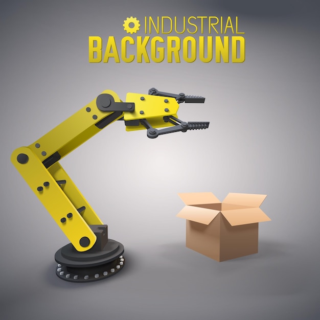 Free Vector stylish manufacture composition with yellow robot arm at factory packs the goods in boxes 