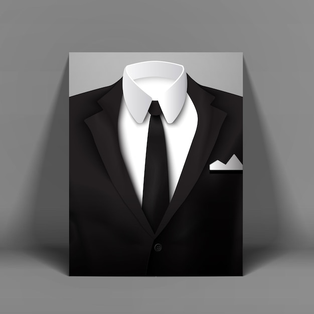 Stylish mens suit with bow tie poster by the light gray wall 