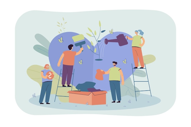 Free Vector stylized volunteer team giving care and sharing hope isolated flat illustration. cartoon group of characters helping poor people with social support and money