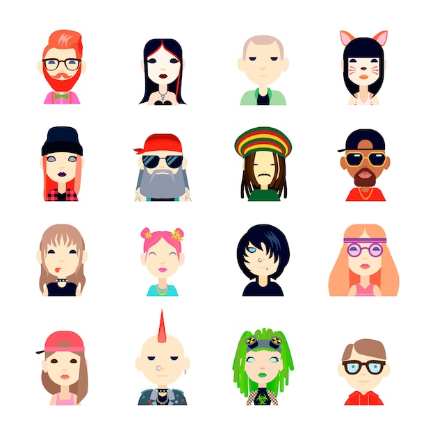 Subcultures and people avatar set with hippie and hipster flat isolated vector illustration 