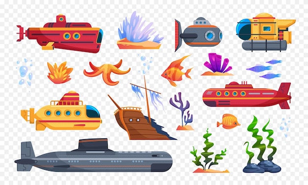 Free Vector submarine icons transparent set with underwater panorama symbols  realistic isolated vector illustration