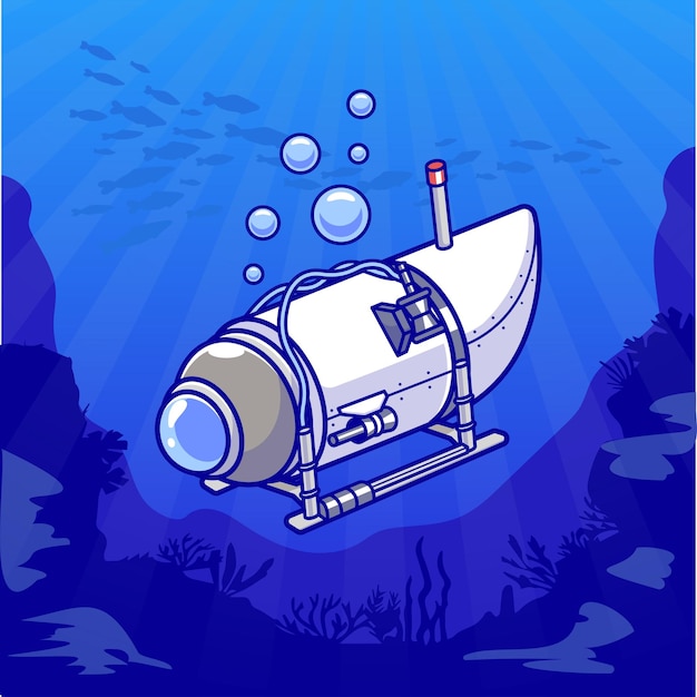 Submarine In Underwater Cartoon Vector Icon Illustration Transportation Technology Icon Isolated