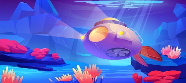 Free vector submarine at underwater sea landscape with plants