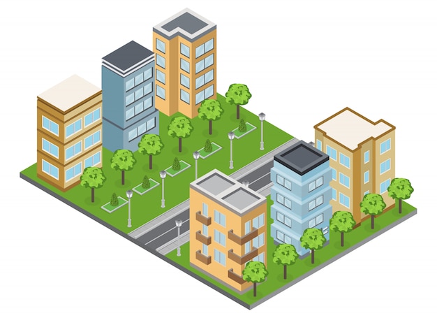 Suburb buildings and neighborhood with town houses and apartments isometric