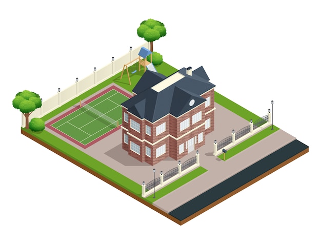 Suburb house isometric composition with sports ground and trees 