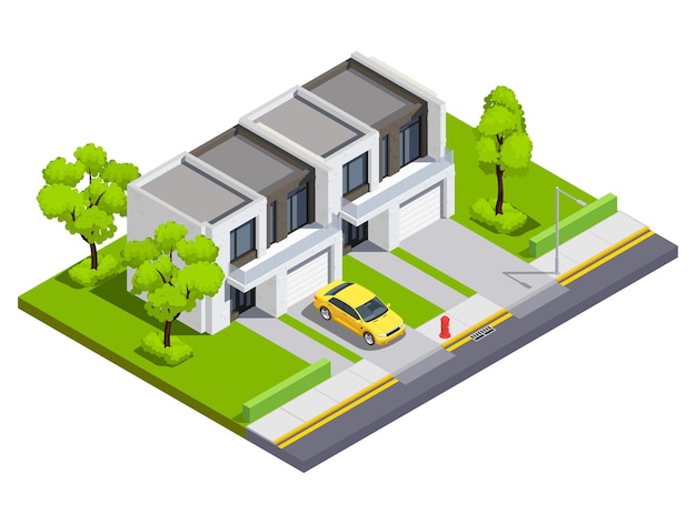 Suburban buildings isometric  illustration with private townhouse for two family with isolated inputs and car on house territory