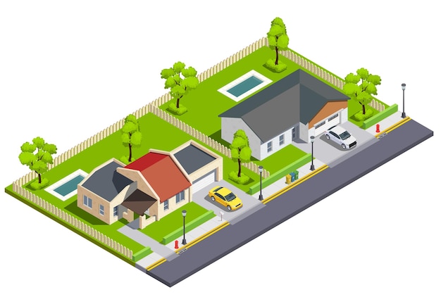 Free Vector suburban city buildings isometric composition