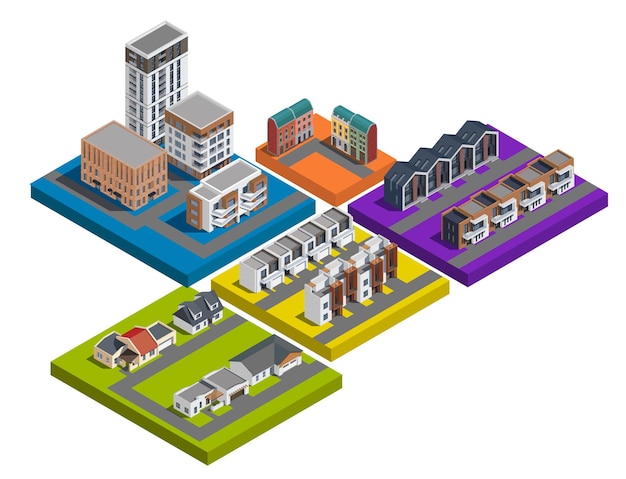 Suburban city buildings isometric set of colourful isolated platforms with low rise apartment and town houses