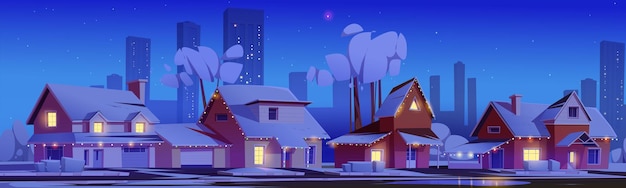 Free vector suburban houses with snow and christmas decoration