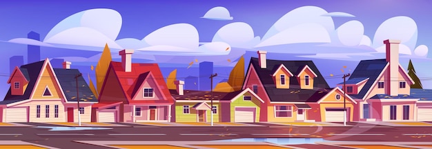 Free Vector suburban street with cottage houses at autumn day