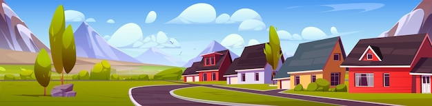 Free vector suburban or village street with road and mountains