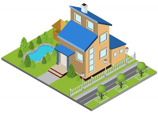 Suburbia building concept with town house swimming pool isometric