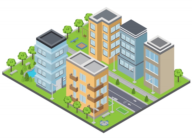 Suburbia buildings composition with lawns apartments and streets isometric