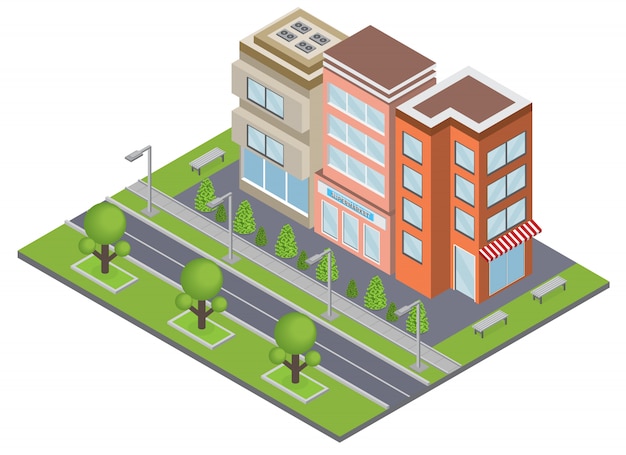 Suburbia buildings concept with real estate and ownership symbols isometric