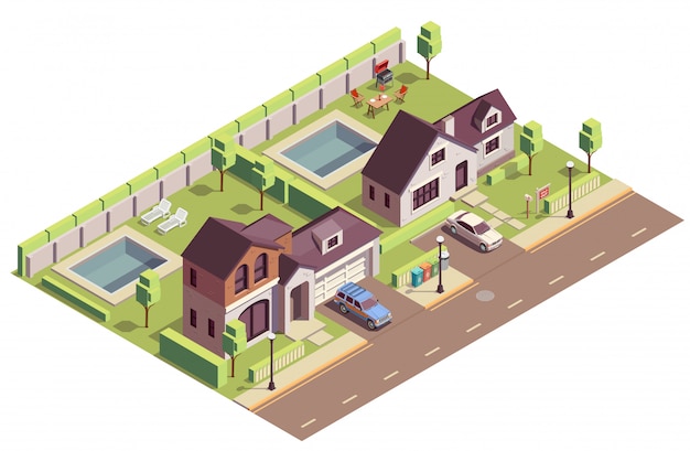 Free Vector suburbian buildings isometric composition with outdoor view of two neighbourhood areas with villas and residential yards