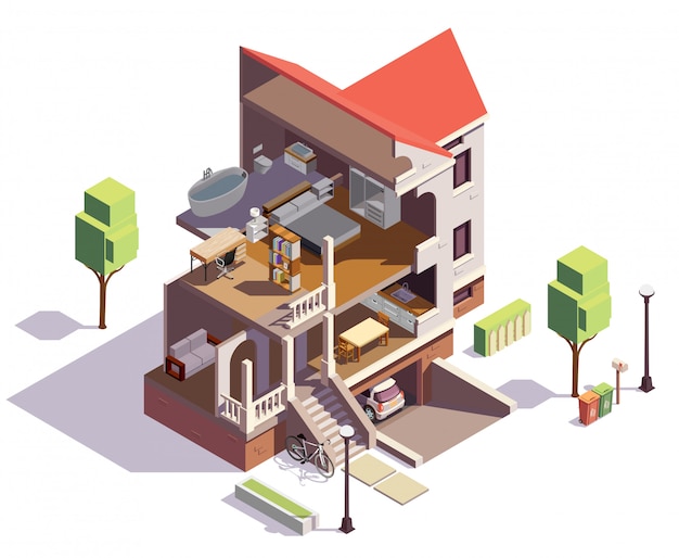 Free vector suburbian buildings isometric composition with profile view of villa residential building with overview of living rooms