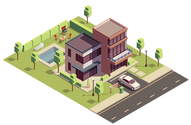 Suburbian buildings isometric composition with above view of private residential building with car and backyard pool