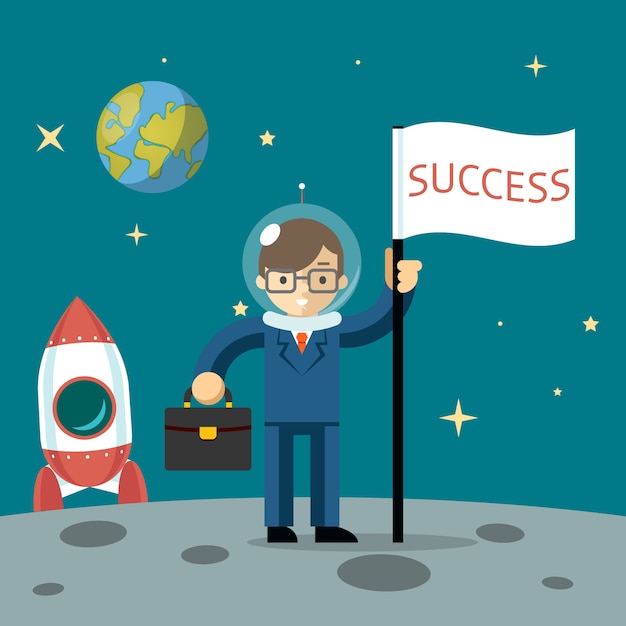 Successful businessman gets the moon holding a flag and carrying case. Vector illustration