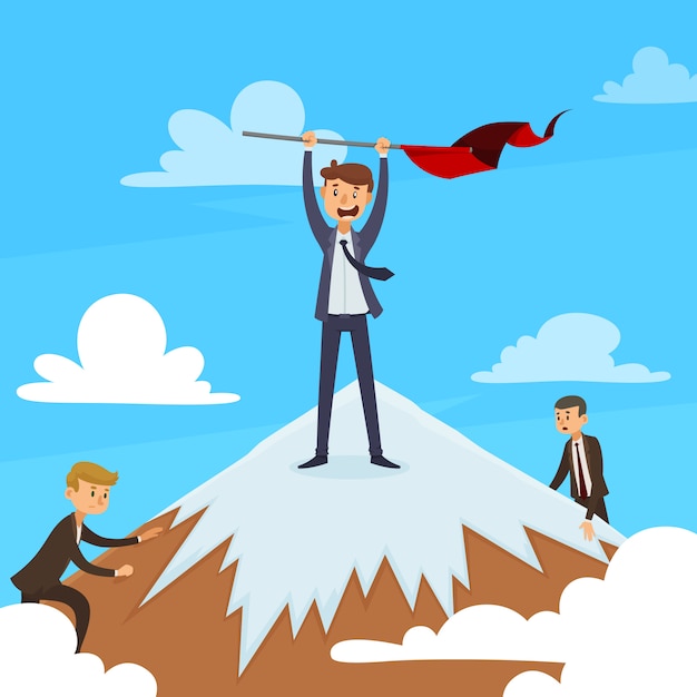 Successful career design concept with winner on mountain top and competitors on blue sky background vector illustration