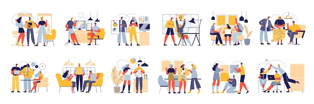 Successful team set of isolated icons with office interior elements and doodle style characters of coworkers vector illustration