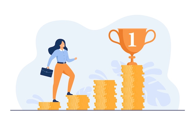 Successful woman climbing stairs from stacks of coins flat illustration.