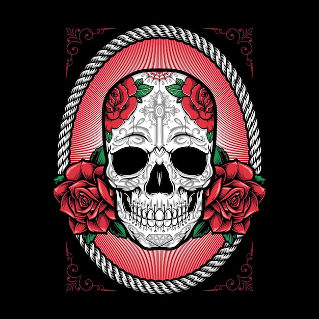 Free vector sugar skull with roses ornament