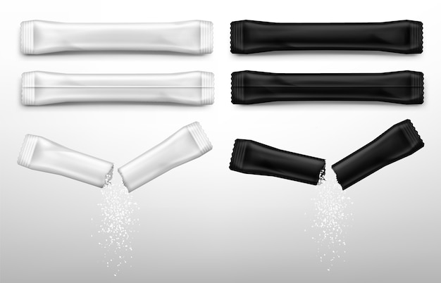 Free vector sugar sticks for coffee in white and black packs.