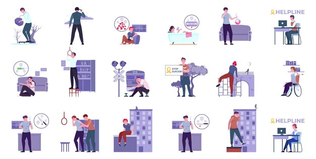 Suicide prevention set with flat isolated compositions of helpline icons and human characters preventing self murdering vector illustration