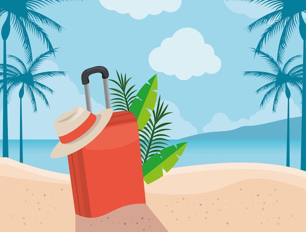 Free Vector suitcase and hat seascape scene