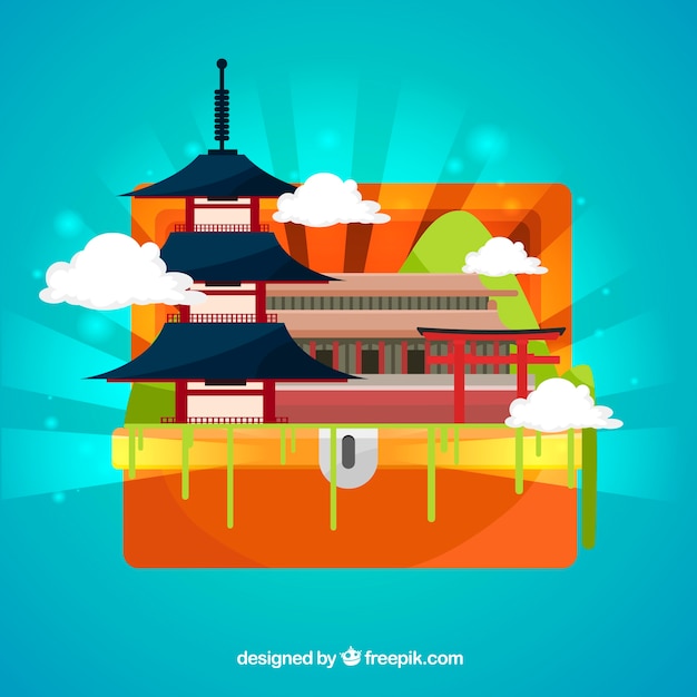 Free Vector suitcase with landmarks background in flat style